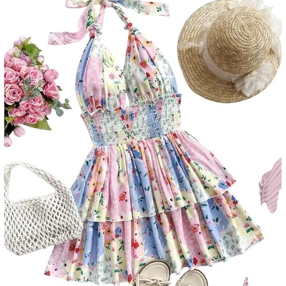 SHEIN multi-color patchwork retro-floral country style sun dress. - Picture 3 of 4